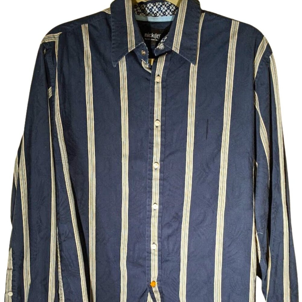 Vintage 90's Nick(it) Navy Blue Striped Dress Shirt MEN'S Size M Flip Cuff *EUC*